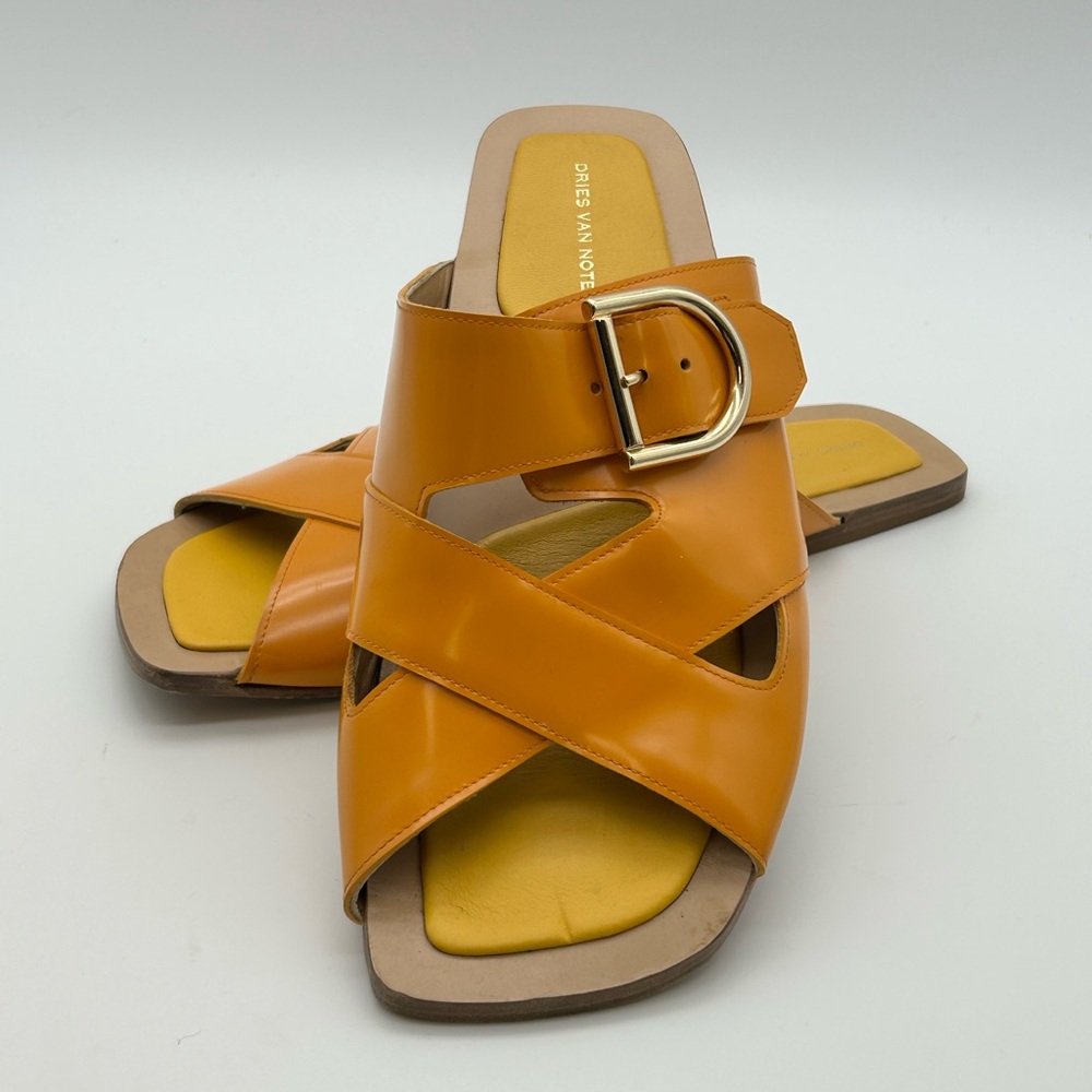 Dries Van Noten Yellow-Orange Leather Buckle Slide Mules size 39.5
